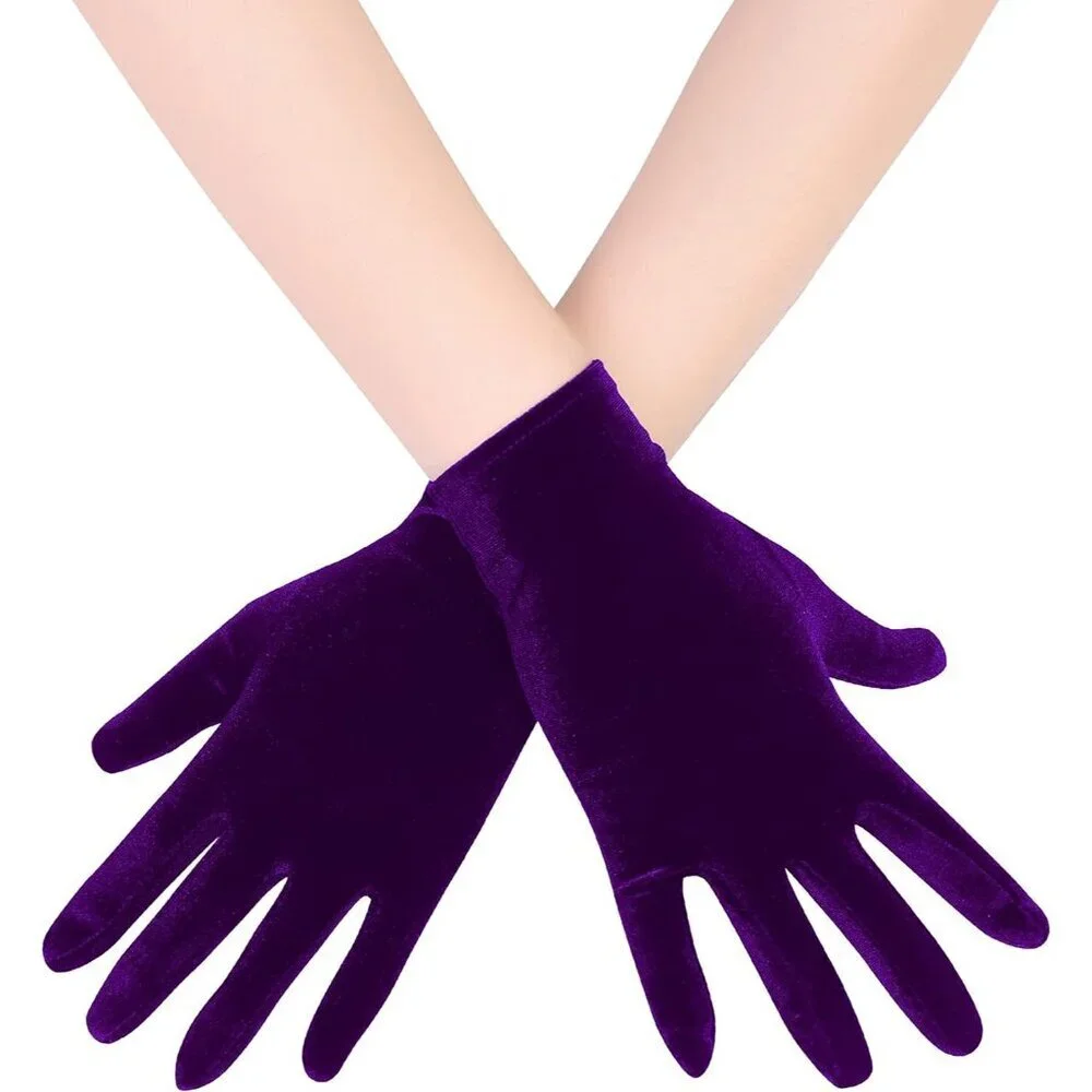 Women's Dark Purple Velvet Short Satin Gloves Style Wrist Flapper Banquet